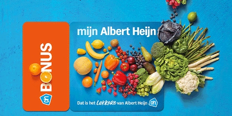 Albert Heijn Bonuskaart en diverse groenten en fruit op een blauwe achtergrond