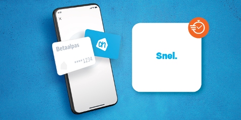 Telefoon met Albert Heijn betaalpas en tekst "Snel." op blauwe achtergrond