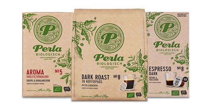 Perla Biologisch koffiepads en bonen, varianten Aroma, Dark Roast en Espresso, verkrijgbaar bij Albert Heijn.