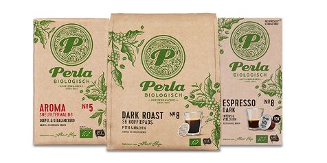 Perla Biologisch koffiepads en bonen, varianten Aroma, Dark Roast en Espresso, verkrijgbaar bij Albert Heijn.