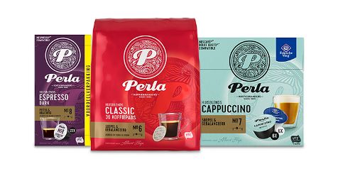 Verpakking van Perla koffie: espresso dark, classic koffiepads en cappuccino.
