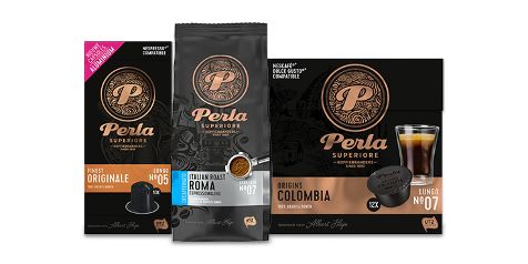 Perla koffiecapsules en bonen in verschillende varianten: Originele Lungo Nº5, Italiaanse Roast Roma Espresso Nº7, en Colombiaanse Lungo Nº7, allemaal UTZ-gecertificeerd.