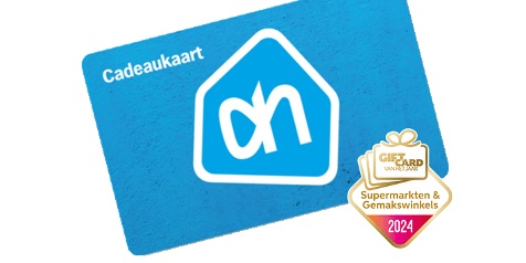 Albert Heijn cadeaukaart met huisstijl logo en 'Giftcard van het jaar 2024' embleem.