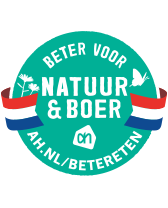 Logo van "Beter voor Natuur & Boer" van Albert Heijn met Nederlandse vlagaccenten en de tekst "AH.NL/BeterEten".
