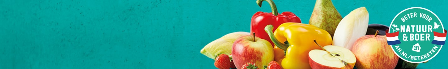 Fruit en groente voor Beter voor Natuur & Boer promotie van Albert Heijn, inclusief rode paprika, gele paprika, appel, peer en witlof.