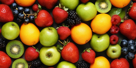 Verschillende soorten fruit, waaronder aardbeien, kiwi's, appels, sinaasappels, bramen en blauwe bessen.