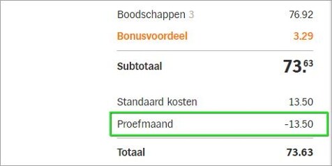 Factuur met een proefmaandkorting van €13,50, resulterend in een totaalbedrag van €73,63.