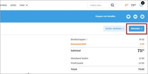 Afbeelding van het afrekenoverzicht op de website van Albert Heijn met een rood omlijnde knop "Afronden".