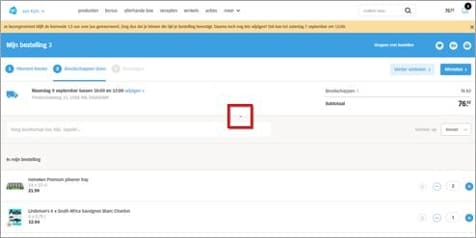 Besteloverzicht op Albert Heijn website met productlijst en totaalbedrag.