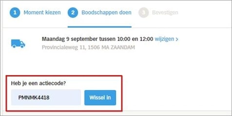 Afbeelding van het invoeren van een actiecode tijdens het afrekenen op de Albert Heijn website.