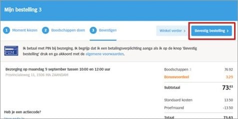 Bevestig bestelling scherm van Albert Heijn met details van bezorgmoment en kosten.