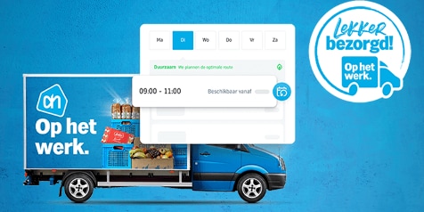 Albert Heijn bezorgservice met tijdslotselectie voor "Op het werk"-levering.