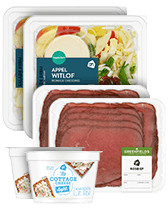 Een selectie van Albert Heijn producten: Appel Witlof salade, biologische rookvlees en cottage cheese.