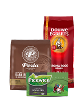 Perla Dark Roast koffiepads, Douwe Egberts Aroma Rood bonen en Pickwick English thee voor de koffiepauze.