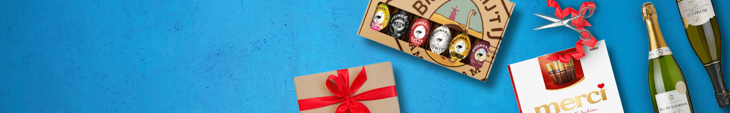 Passende cadeaus voor het afscheid van een collega, met een cadeaubox van Brouwerij 't IJ, een Merci chocoladegeschenk en een fles Pic de la Barrique wijn.