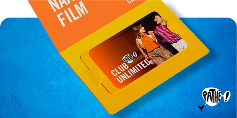 Pathé Club Unlimited cadeaukaart in gele verpakking op een blauwe achtergrond