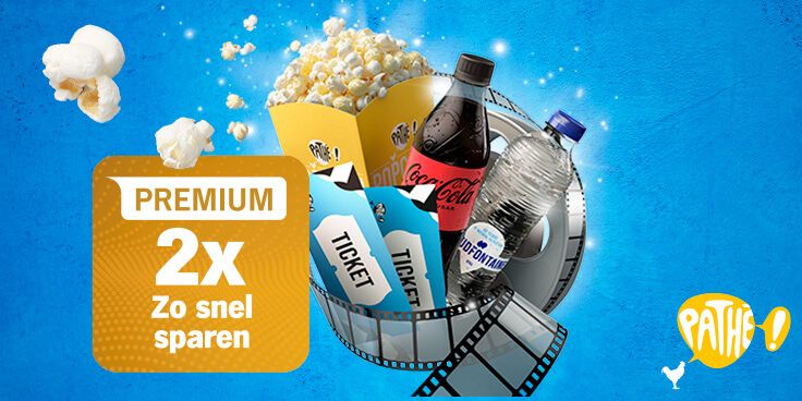 Niet-ALBERT HEIJN-reclame voor Pathe Premium spaaractie, met popcorn, Coca-Cola fles, en filmrol.