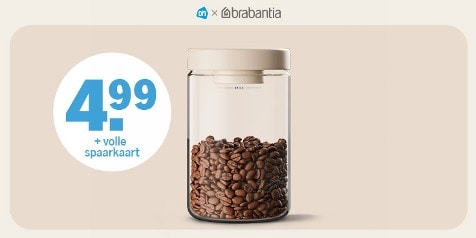 Glazen pot van Brabantia gevuld met koffiebonen, promotieprijs 4,99 euro bij Albert Heijn met volle spaarkaart.