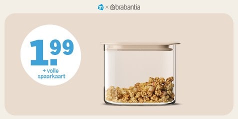 Promotie van een doorzichtige Brabantia bewaarpot met inhoud, verkrijgbaar bij Albert Heijn voor 1,99 euro met een volle spaarkaart