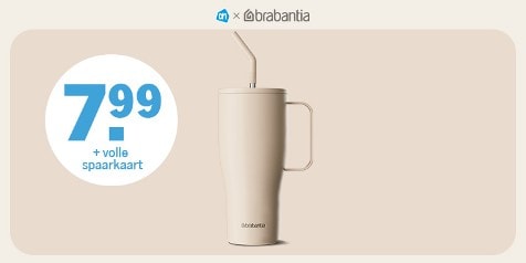 Beige Brabantia drinkbeker met rietje, aangeboden bij Albert Heijn voor €7,99 met een volle spaarkaart.