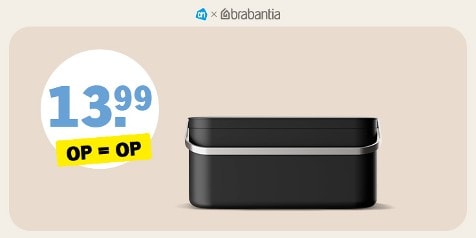 Zwarte Brabantia voorraadbus, aanbieding voor €13,99 bij Albert Heijn, zolang de voorraad strekt.