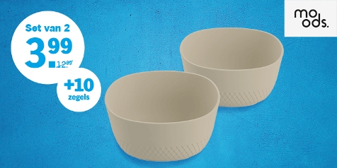 Set van 2 beige kommen van het merk Moods voor 3,99 euro, vereist 10 zegels.