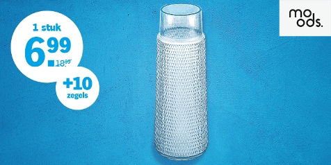 Moods glazen karaf, aanbieding voor €6,99 met 10 zegels.