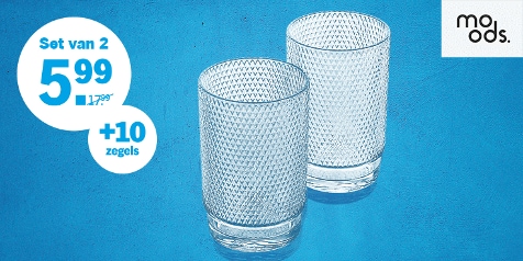 Promotie voor set van twee glazen van het merk Moods voor €5,99 met 10 zegels.