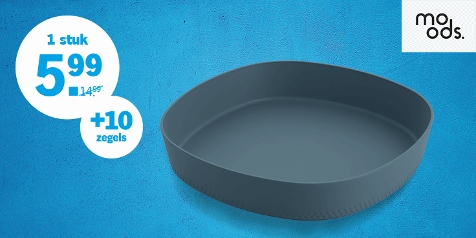 Promotie voor een Moods-schotel, verkrijgbaar voor €5,99 plus 10 zegels.