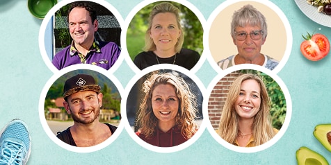 Collage van zes mensen met wazige gezichten, omringd door sportartikelen en gezonde voedingsmiddelen.