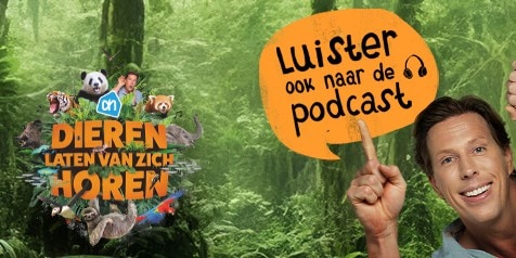 Promotie voor AH-podcast "Dieren laten van zich horen" met verschillende dieren op achtergrond en tekstballon met "Luister ook naar de podcast".