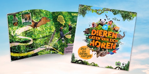 Promotie afbeelding van het Albert Heijn dieren verzamelalbum "Dieren laten van zich horen".