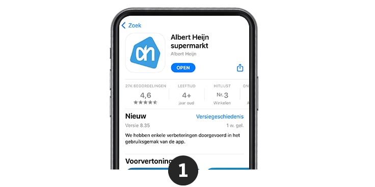 App-pagina van de Albert Heijn supermarkt met een beoordeling van 4,6 sterren.
