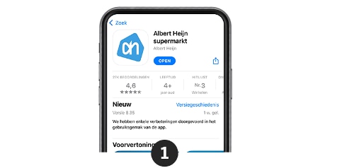 App-pagina van de Albert Heijn supermarkt met een beoordeling van 4,6 sterren.