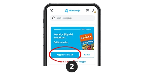 Scherm van een smartphone met de Albert Heijn app die de optie toont om een digitale Bonuskaart te koppelen.
