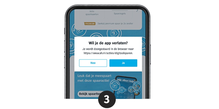 Pop-up notificatie op smartphone met de vraag "Wil je de app verlaten?" en opties "Nee" en "Ja".