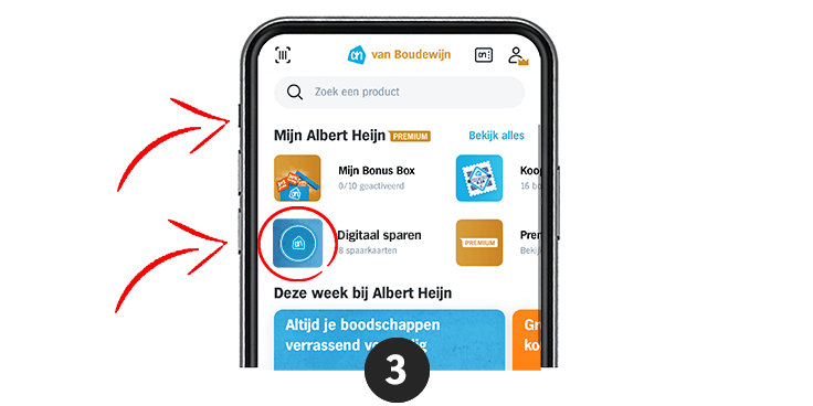Screenshot van de Albert Heijn app met de optie 'Digitaal sparen' gemarkeerd.
