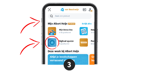 Screenshot van de Albert Heijn app met de optie 'Digitaal sparen' gemarkeerd.