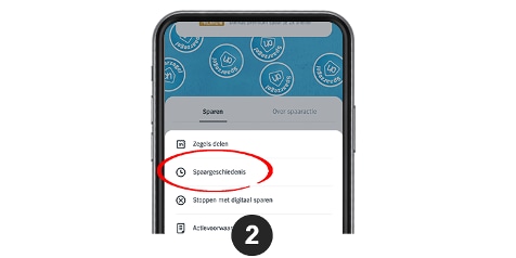 Scherm van een smartphone met het menu-item "Spaargeschiedenis" omcirkeld.