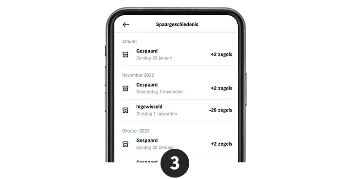 Spaarzegelgeschiedenis op een smartphone-scherm