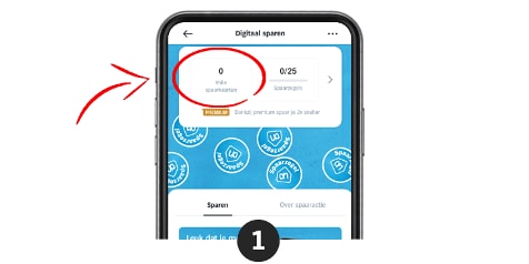 Digitale spaarapp met 0 volle spaarkaarten en 0/25 spaarzegels op een smartphone scherm