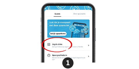 Afbeelding van een smartphone met daarop de Albert Heijn app, focus op de optie 'Zegels delen'.