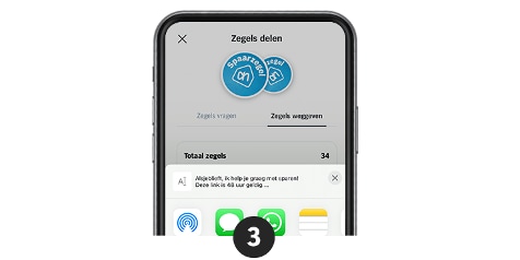 Smartphone scherm met Albert Heijn app geopend op de pagina 'Zegels delen', met spaarzegels en opties om zegels te delen.
