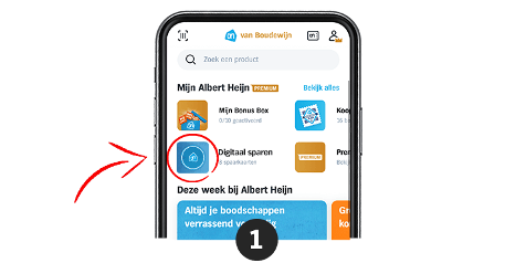Smartphone scherm met de digitale spaaroptie in de Albert Heijn app omcirkeld in rood.