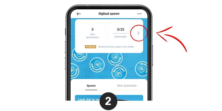 Digitaal sparen overzicht op een smartphone scherm, met een pijl die wijst naar de spaarzegel sectie.