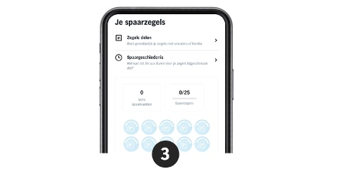 Scherm van de Albert Heijn app met spaarzegelfunctie, met optie om zegels te delen en overzicht van spaargeschiedenis.