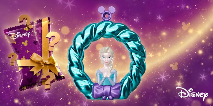 Disney verrassing verpakking en verzamelhanger met figuur op paarse magische achtergrond