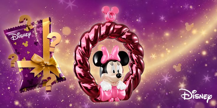 Roze Disney Minnie Mouse kerstornament en verrassingsverpakking op paarse fonkelende achtergrond