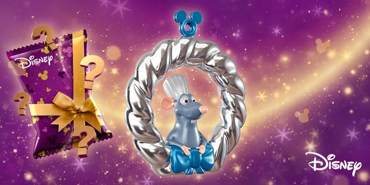 Disney verrassingszakje en ornament met Remy uit Ratatouille op paarse achtergrond met gouden sterren