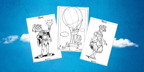 Drie zwart-wit kleurplaten met tekeningen van een clown, een luchtballon en een prinses, op een blauwe achtergrond met wolken.